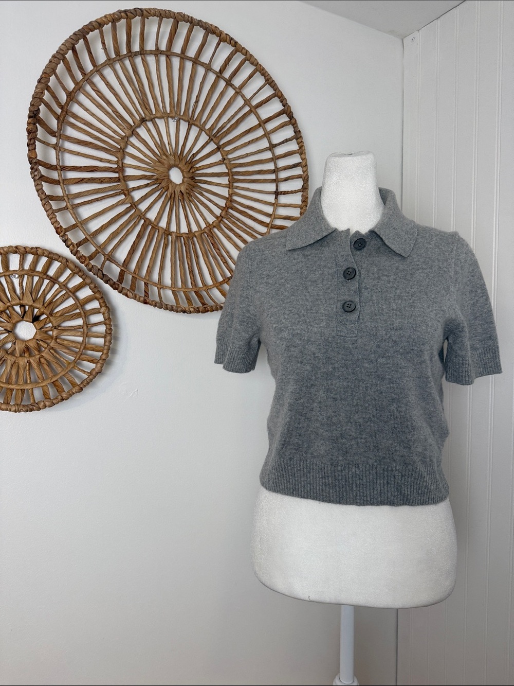 J. Crew light Gray Short-Sleeve 100% cashmere Polo Sweater